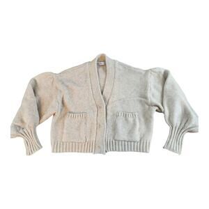 Fengnibuke beige knit v-neck cardigan sz small snap front ribbed cuff crop pocke